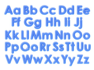 3d blue fur font, fluffy alphabet of uppercase and lowercase letters. English abc with hair texture for fun education kids. Fuzzy capital and small letters of soft wool felt render