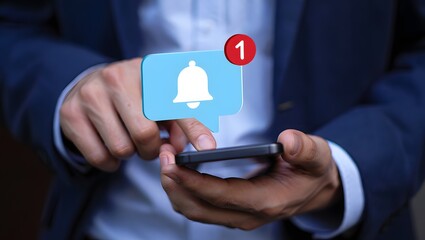 Alert notification concept. Reminder, Push Notifications, Web Reminders, Time Table and Announcements. Person using smartphone with bell notification icon on virtual screen.
