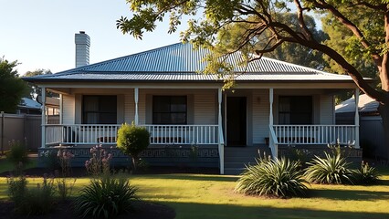 Single-story Australian suburban house with a wide veranda, lush garden in soft afternoon light.