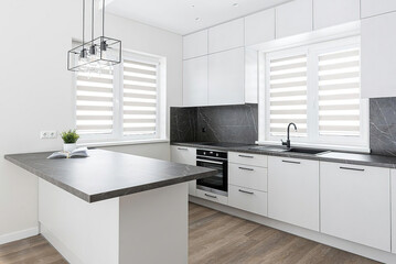 Modern luxury kitchen interior in minimal scandinavian style, 3d render