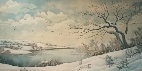 Winter wonderland with snow-covered fields and trees.