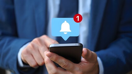 Alert notification concept. Reminder, Push Notifications, Web Reminders, Time Table and Announcements. Person using smartphone with bell notification icon on virtual screen.