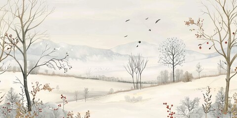 Winter wonderland with snow-covered fields and trees.