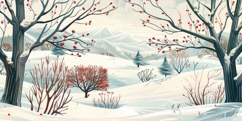 Winter wonderland with snow-covered fields and trees.