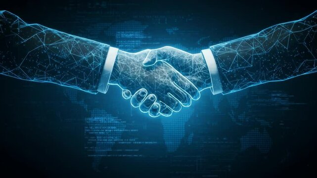 Digital Handshake: Global Business Partnership - Two digital hands, video in glowing blue network lines, meet in a handshake against a world map background.