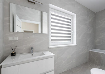 Modern bathroom interior in minimal scandinavian style, 3d render