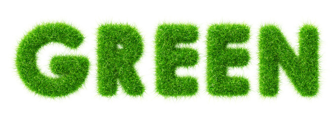 3d word GREEN text with grass texture. Fresh herb font, soft fluffy capital letters. Eco friendly type effect, lawn plant logo, isolated render icon. Nature, environment and ecology