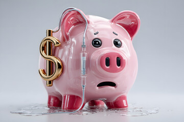 Naklejka premium AI generated sad piggy bank with dollar sign receiving iv fluid symbolizing global economic crisis and financial rescue white background money trouble metaphor