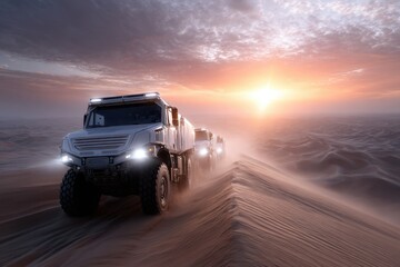 Heavy-duty trucks navigate sandy terrain during sunset in a desert landscape