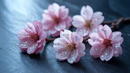 Fototapeta premium Delicate pink cherry blossoms adorned with sparkling dew drops on a dark textured surface
