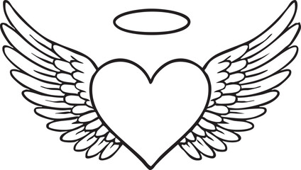 Heart with wings and halo; black line art; spiritual, romantic, and celestial design.