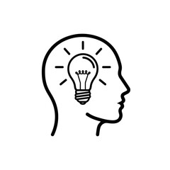 Vector art of a black and white outline of a human head profile with a glowing lightbulb inside, representing an idea, isolated on white background