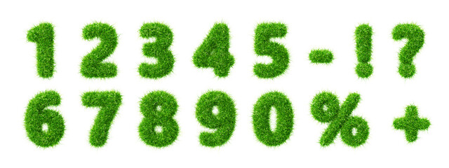 3d fur fluffy font, green grass texture numbers from 0 to 9. Natural eco organic balloons, percentage sign, question mark, exclamation, plus, minus symbol, sale discount, render set