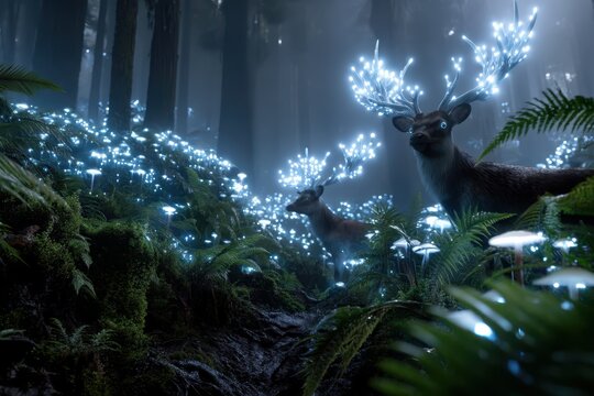 Magical forest with glowing deer and luminous plants at twilight
