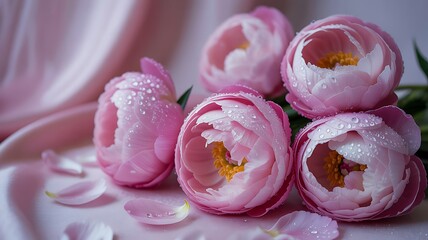 Close up of delicate pink peonies with water droplets on petals and soft fabric background