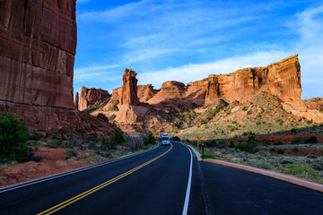 Road along red rocks in Canyonlands National Park is in Utah near Moab, US
