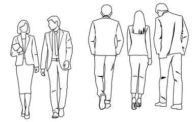 Vector silhouettes of men and women, group of walking  business people, front and back view, profile, hand draw, linear sketch, black and white color, isolated on white background