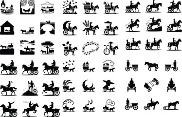 Person Riding Horse Carriage Silhouette – Vintage Wagon Icon Pack Horse Cart Rider Silhouette Set – Rural Transport Vector Icons