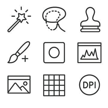 Raster Image Tool Icons. Outline style icons of Raster Image Tools: magic wand, lasso selection, clone stamp, healing brush, layer