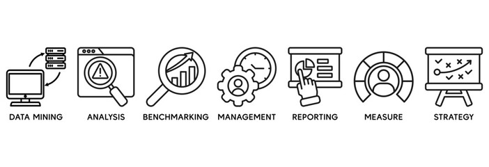 Business intelligence icon set vector illustration concept relate to data mining, analysis, benchmarking, management, reporting, measure, and strategy