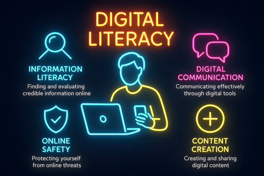 NeonNeon Digital Literacy Infographic for Digital Skills, Online Safety, and Information Competence