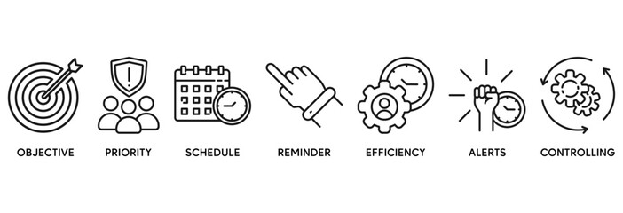 Time management icon set vector illustration concept relate to objective, priority, schedule, reminder, efficiency, alerts, and controlling