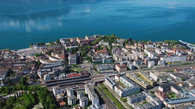 A panoramic aerial view around the city Clarens in Switzerland on a sunny spring noon beside Montreux