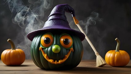 Create a funny wizard pumpkin casting silly spells that accidentally turn witches into frogs and brooms into bubble blowers.
