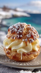 Goldenbrown creamfilled choux pastry on elegant plate