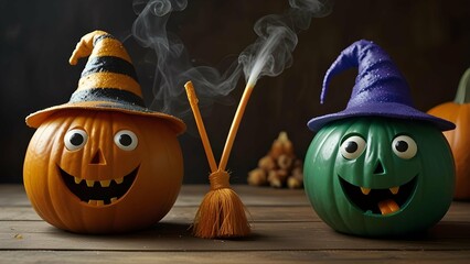 Create a funny wizard pumpkin casting silly spells that accidentally turn witches into frogs and brooms into bubble blowers.