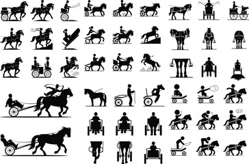 Person Riding Horse Carriage Silhouette – Vintage Wagon Icon Pack Horse Cart Rider Silhouette Set – Rural Transport Vector Icons