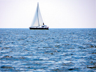 Sail Yacht Gliding Across Calm Waters Under a Bright Sky During a Serene Afternoon