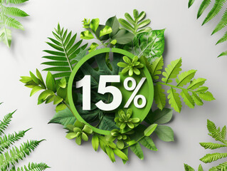 Fifteen percent discount surrounded by lush greenery and ferns