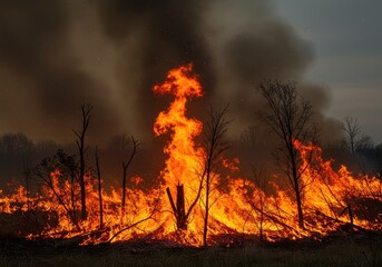 Fototapeta premium Intense wildfire consuming a field with trees silhouetted against the smoky sky at dusk or dawn