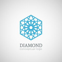 Diamond logo top view. Vector linear hexagonal emblem