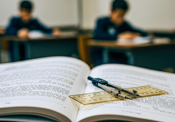 Open textbook with a compass and ruler on top, in focus, with blurred Asian students studying in the background. Education concept.