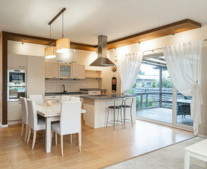 Modern luxury kitchen interior in minimal scandinavian style, 3d render