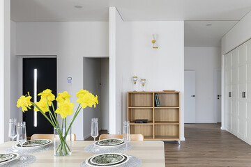 Modern luxury apartment interior in minimal scandinavian style, 3d rendering