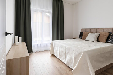 Modern luxury bedroom interior in minimal scandinavian style, 3d render