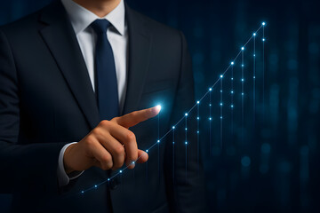 Business leader activating futuristic data streams in modern cityscape representing growth, innovation, success, technology, and digital transformation potential