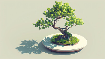 Stylized bonsai tree with lush green foliage on a white pedestal