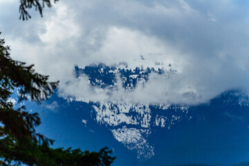 High mountains covered with dense forest, a lake in the distance. Montana, United States