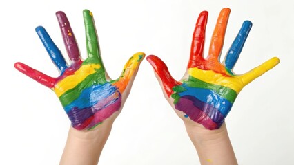 Colorful painted hands showcasing creativity and diversity against a white background with vibrant hues