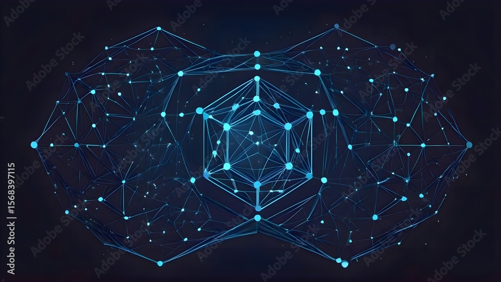Poster stylized image of connected glowing dots forming a complex network pattern over a dark background in