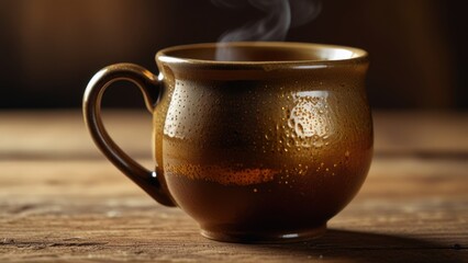 Earthy Pottery Mug Background with Tea and Rising Steam on Wooden Table
