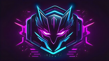 Fototapeta premium Close-up of a stylized neon logo featuring an angry face with glowing eyes and sharp lines on a dark futuristic background