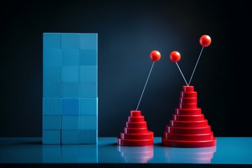 Two red stacked ring charts showing growth and a blue building block tower on a reflective surface with a dark blue background represent business concepts