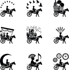 Person Riding Horse Carriage Silhouette – Vintage Wagon Icon Pack Horse Cart Rider Silhouette Set – Rural Transport Vector Icons