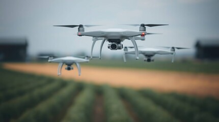 Fototapeta na wymiar Drones flying over farmland field