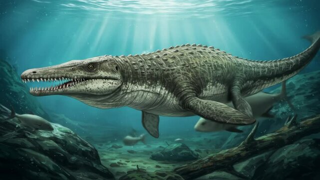 Prehistoric Marine Reptile Swimming Underwater - A digitally video illustration of a massive, ancient marine reptile swimming through a prehistoric underwater environment.